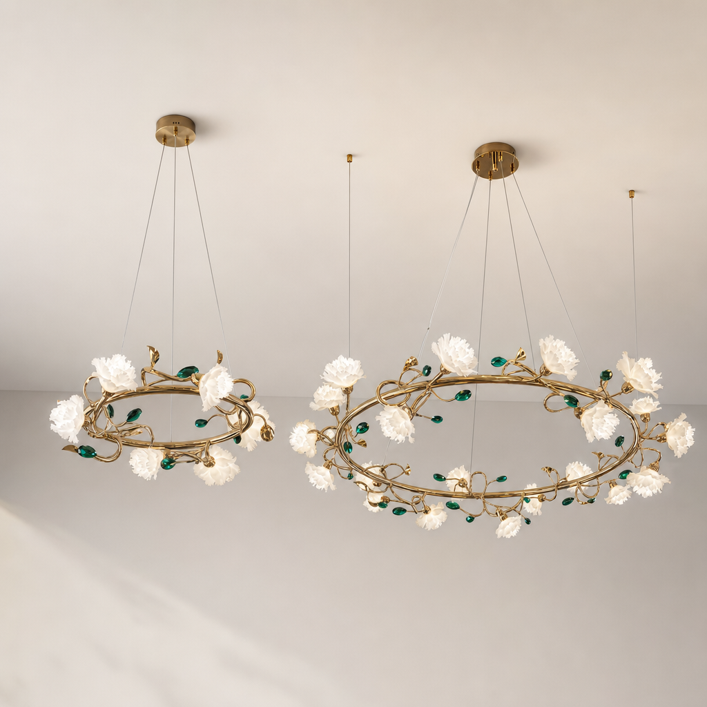 
Sylverelle Handmade Ceramic Flower & Crystal Ring Chandelier – Custom